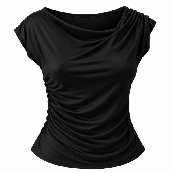 Blusa negra drapeada con fruncido asimétrico Blusa negra drapeada con fruncido asimétrico