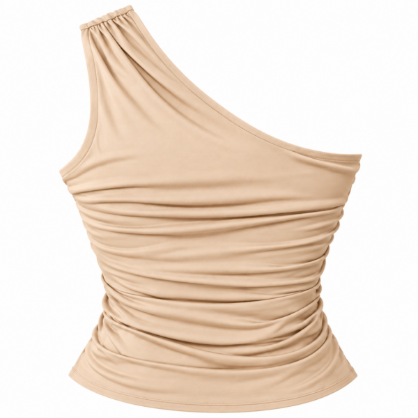 Top beige de un hombro fruncido