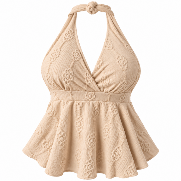 Top halter beige con bordado floral