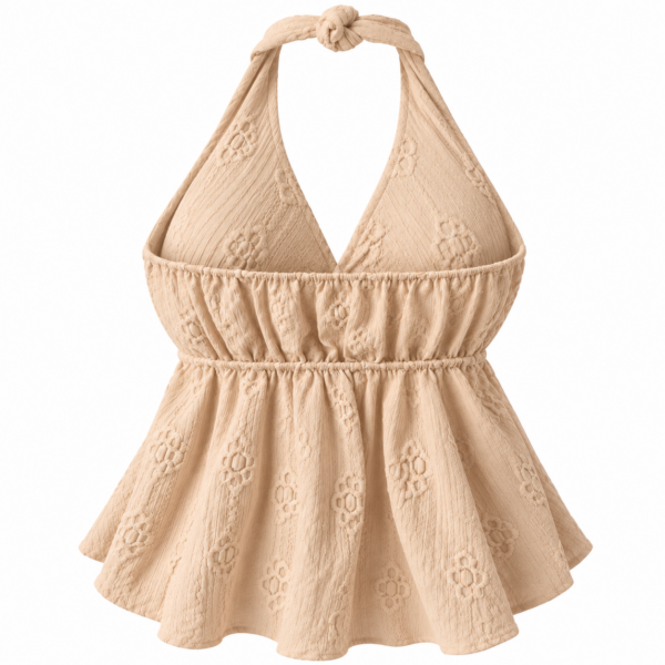 Top halter beige con bordado floral visto por detrás